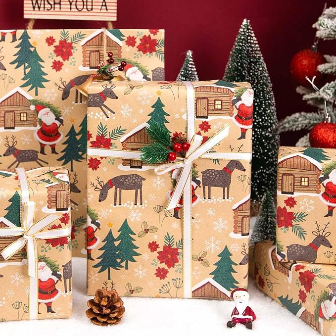 MAYPLUSS Christmas Wrapping Paper Roll - 17IN X 33FT - Kraft Gift Wrapping Paper Featuring Cute Santa Claus Christmas Tree Flower Reindeer Snowflake Reversible Cut Lines for Kids, Holiday, New Year