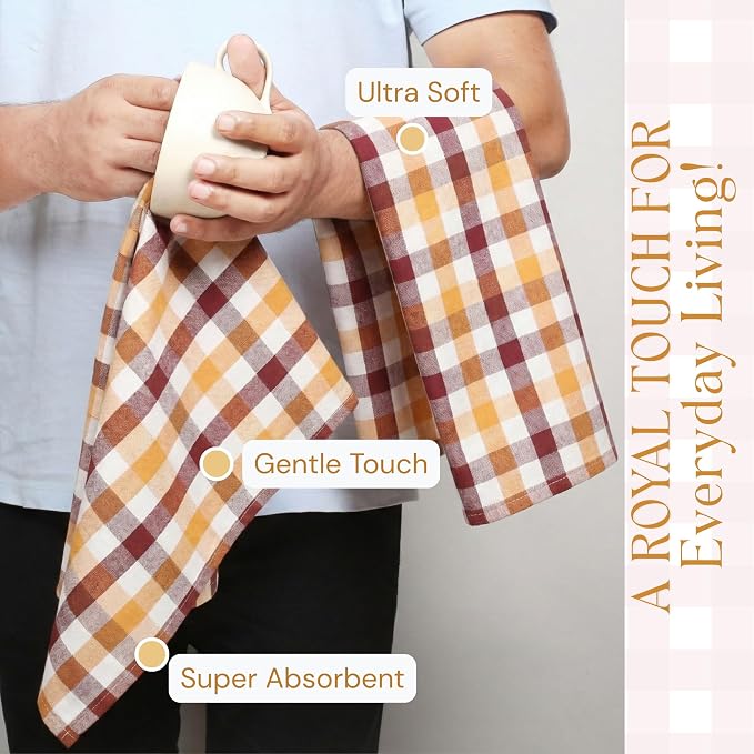 Multicolor Check Kitchen Towels 4 Pack, 100% Cotton Tea Towels, 18"x26" Quick Dry Dish Cloths for Drying Dishes, Reusable, Absorbent - Burgundy Wine, Brown, Mustard Yellow, Natural