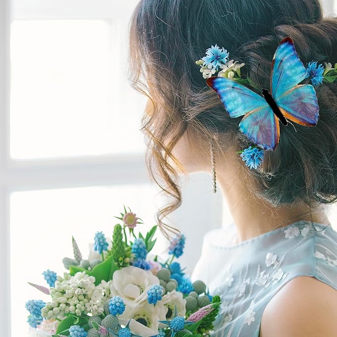 12 PCS Artificial Fabric Butterflies, 2 Sizes Reusable Butterly Crafts Decor, DIY 3D Butterfly Decorations for Fake Flowers Floral Nursery Wedding Tea Party Birthday Easter Spring. (Blue01 Medium)