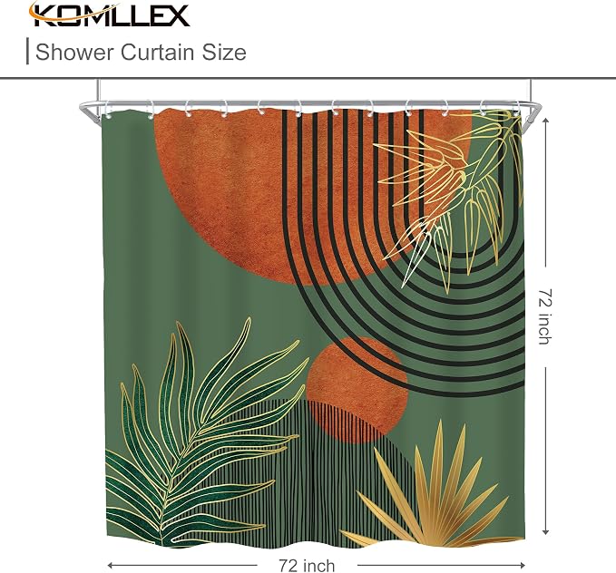 KOMLLEX Mid Century Green Orange Boho Shower Curtain for Bathroom Decor Abstract Modern Sun Minimalist Aesthetic Arch Curve Leaves Geometric Neutral Fabric Waterproof Polyester 12 Pack Hooks 72Wx72L