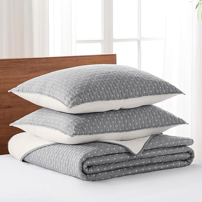 Levtex Home Cross Stitch Reversible Full Bedspread Set (100x104in) with 2 Pillow Shams (26x20in) - Stitch Texture - Grey and White - Cotton Full Size Bedspread Set - Lightweight, Soft, Pre-Washed