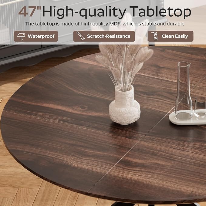 RGZ Mid Century Walnut Round Dining Table Set for 6, 47" Large Wooden Circle Kitchen Table & 6 Black PU Leather Kitchen Chairs, Dinner Table Set for Home, Apartment, Dining Room