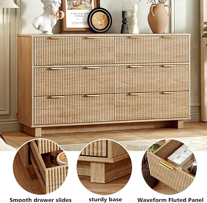 54.72" Modern Chest of Drawer, 6 Deep Drawers,Clothes Organizer,Large Storage Cabinet for Living Room, Bedroom,Dresser TV Stand, Wood Drawer Organizer for Living Room, Hallway, Timber