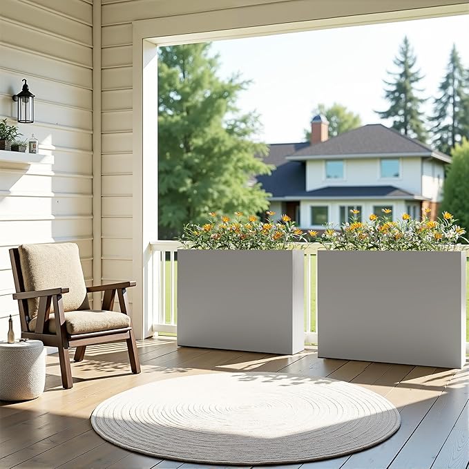 Casaphoriar Metal Planter Box 36"x9"x28", Rectangular Planter with Inner Shelf and Drainage Holes, Perfect for Outdoor Patio and Balcony Decor, Grey