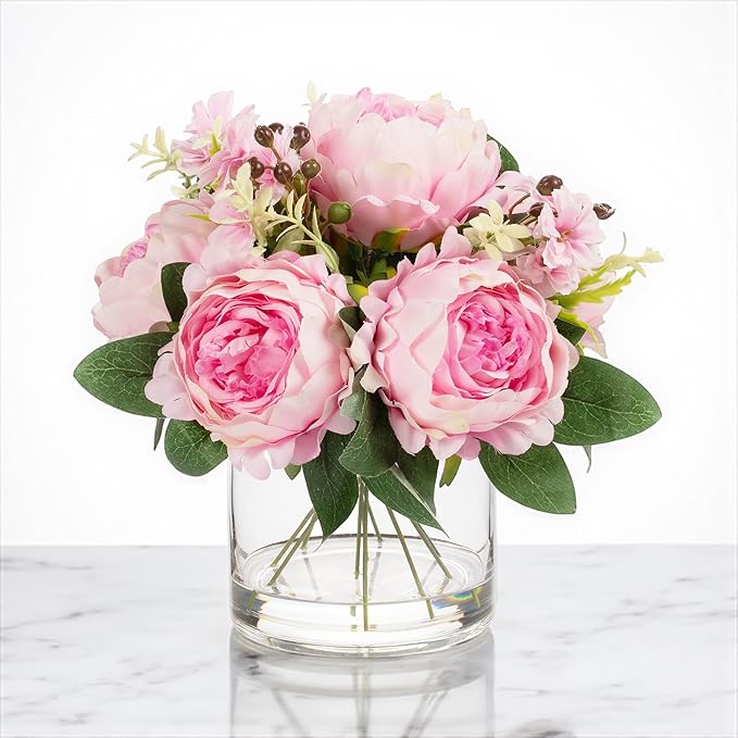 ENOVA FLORAL Artificial Flower Arrangement with Vase,Mixed Artificial Fake Silk Peony Flower in Vase for Decoration Home Office, Wedding Centerpiece (Dark Pink01)