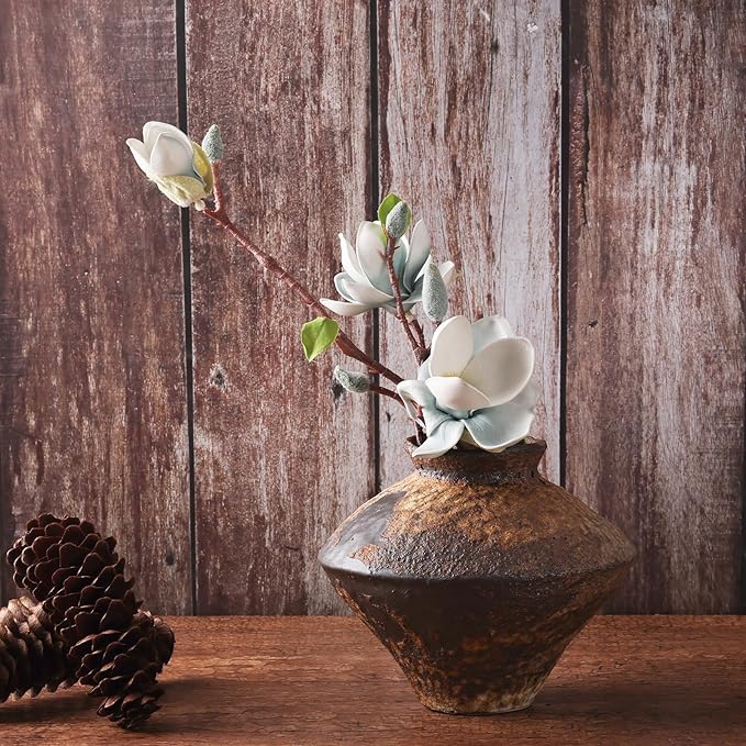 Small Stone Vase for Rustic Home Decor, Farmhouse Antique Pottery Vase Furniture&Table Flower Decorative, Round Terracotta Vases for Living Room Decor, Modern Rustic Concrete Clay Art Vases