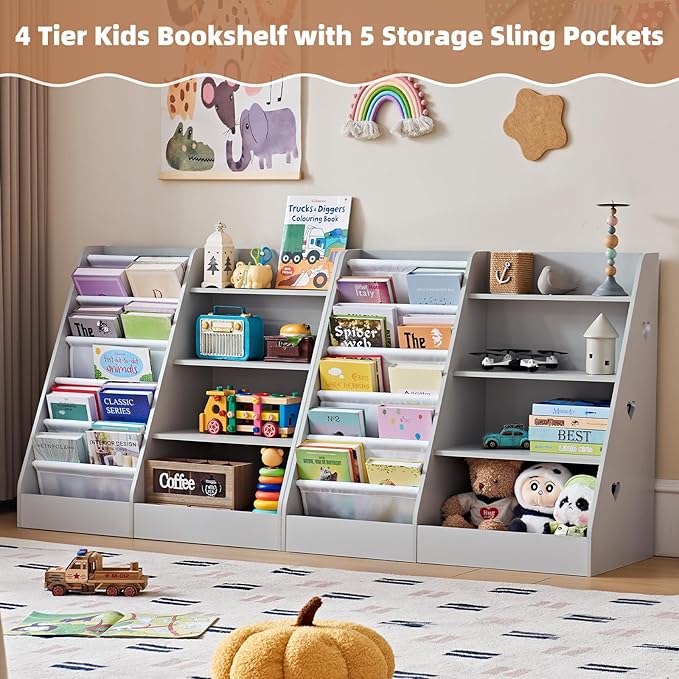 Lerliuo 4 Tier Kids Bookshelf and Storage Organizer, Five Layer Sling Children Bookcase, Baby Toddler Wooden Book Shelf, Display Cabinet for Playroom, Bedroom, Classroom, Nursery, School (Grey)