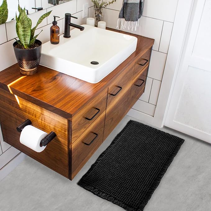 ZALL Waffle Bath Mat Black Super Absorbent Non Slip Bathroom Rug,Rhombus Geometric 24x36inch,Machine Washable Ultra Soft Floor Mats
