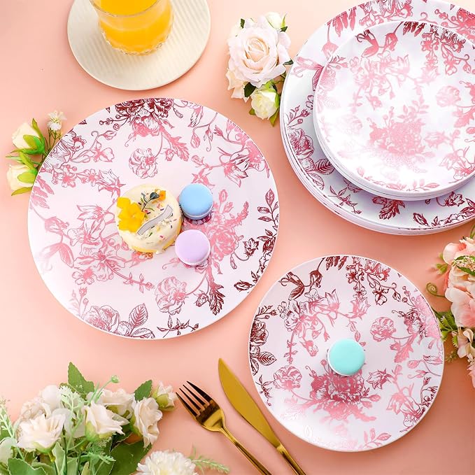 Suclain 60 Pcs Pink Plastic Floral Plates Disposable Heavy Duty White with Pink Floral 9" Dinner Plate and 7" Dessert Plate, Disposable Plastic Plates for Party Birthday Bridal Shower