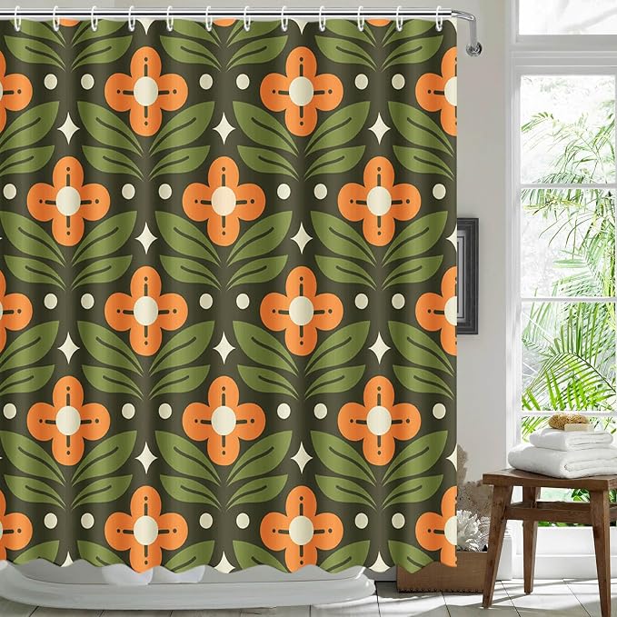MEHOFOND Orange Floral Green Shower Curtain Vintage Mid Century Modern Abstract Geometric Bathroom Curtain Boho Retro Classic 1950S 1960S Home Bathtub Decor Fabric Waterproof Bath Curtain 72x72 Inch