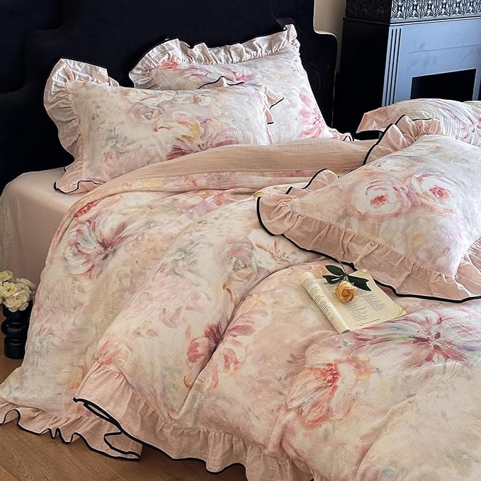 HighBuy French Ruffle Duvet Cover Queen Size,Pink Floral Chic Cottagecore Bedding Set Linen Breathable for Hot Sleepers,Yarn-Dyed Textured Comforter Cover Set - 1 Duvet Cover 2 Pillowcases