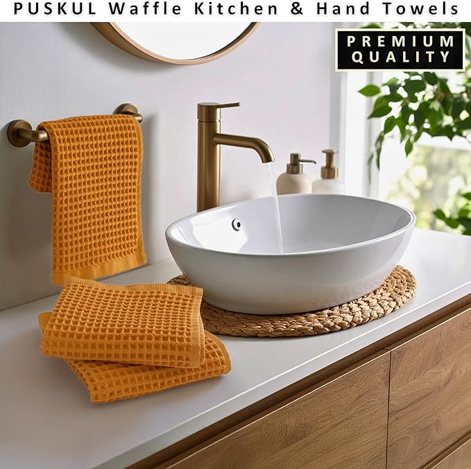 PÜSKÜL Natural 100% Turkish Cotton Waffle Kitchen Towels Set of 3 | Oeko-Tex, Premium Waffle Hand Towels for Bathroom | Soft Absorbent Quick-Dry Lint-Free Dish Towel Large 32x16 in (3, Mustrad Yellow)