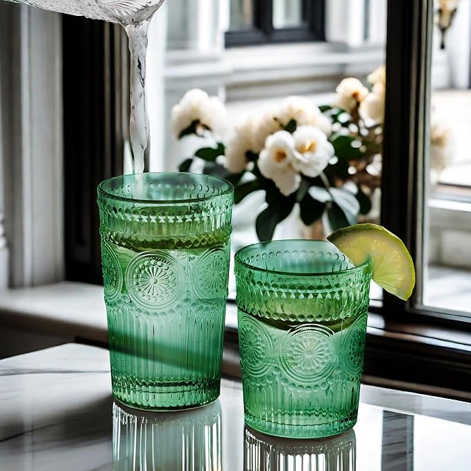 Loivttvv 12pcs Vintage Drinking Glasses Set, 12 oz Highball Glasses & 9 oz Embossed Ribbed Glassware Cups for Cocktail, Water, Juice, Coffee, Whiskey (Dark Green)