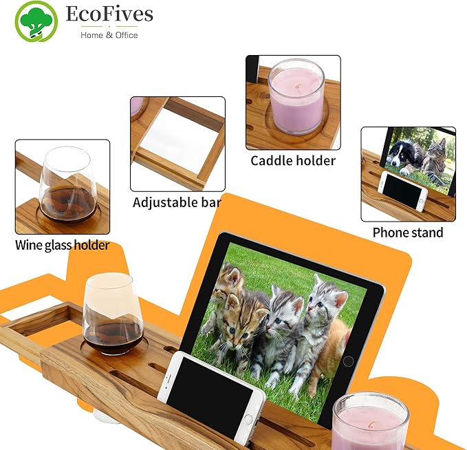 EcoFives Teak Bathtub Tray Caddy - Expandable Bath Tray - Adjustable Organizer Tray for Bathroom - Luxury Bath Caddy Tub Table, Bathtub Accessories & Bathroom Gadgets