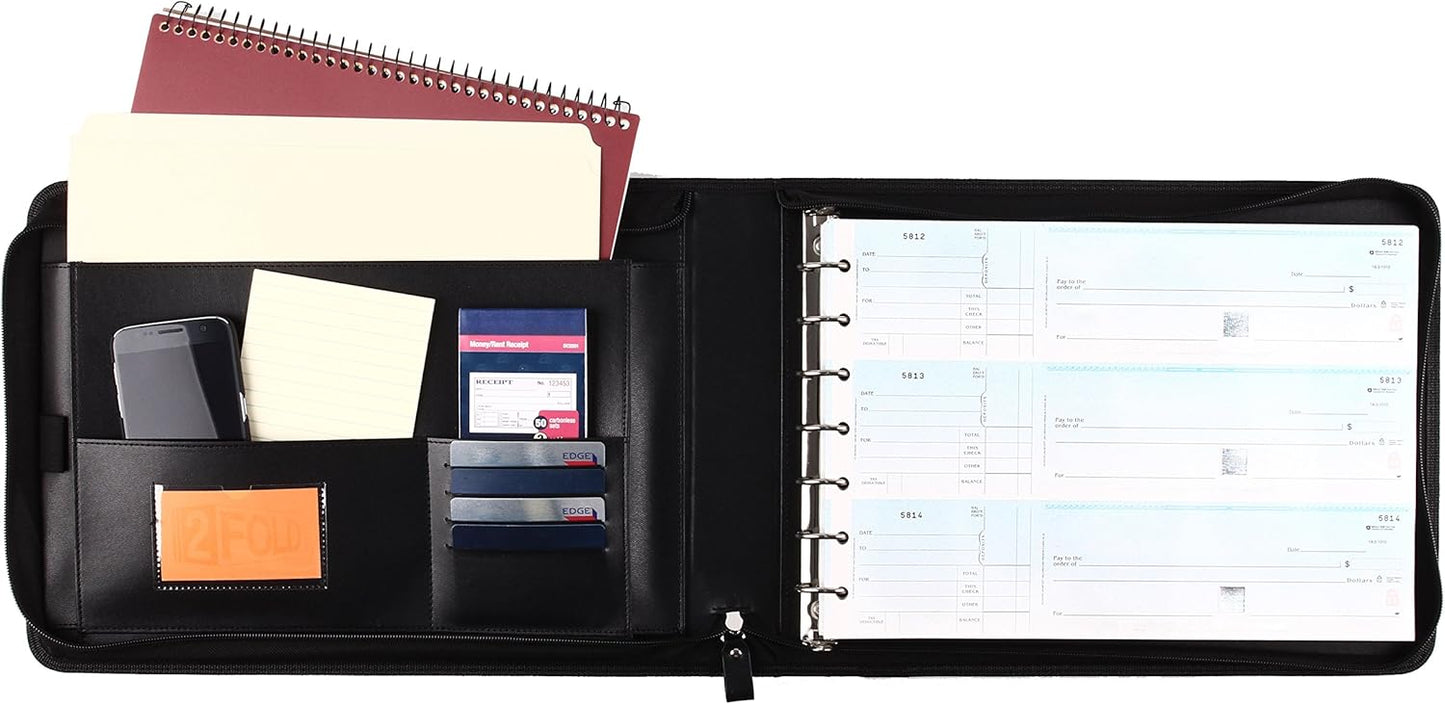 2Fold | Zippered Business Checkbook Binder - 7 Ring Organizer with Card Case - PU Leather for 600 Checks (Black)