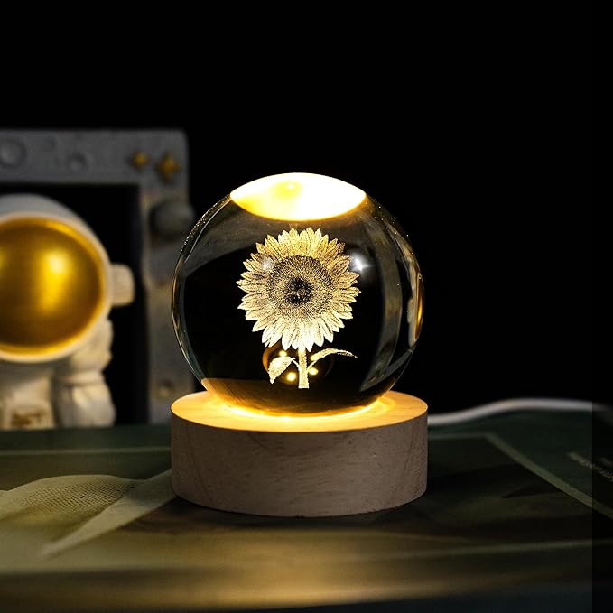 3D Laser Etched Sunflower Crystal Ball, Sunflower Decor Glass Sphere Lamp Night Light, Crystal Flower Figurines Collectibles Gifts for Mom Women Girls
