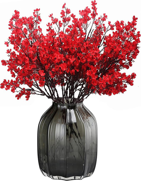 JAKY-Global 10pcs Babys Breath Artificial Flowers with Vase Gypsophila Bouquet Bulk Fake Spring Silk Flowers Real Touch Faux Floral for Home Bedroom Kitchen Garden Wedding Christmas DIY Decor (Red)