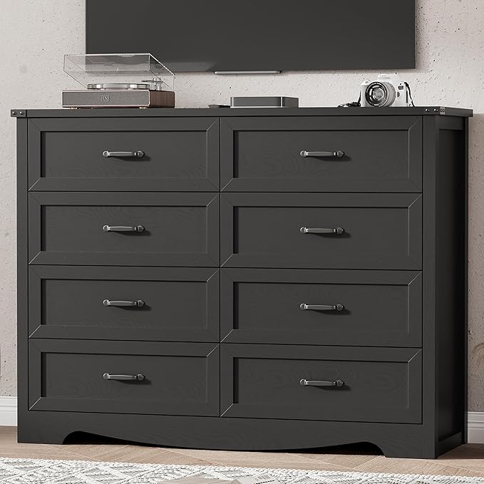Dresser for Bedroom with 8 Drawers, 54" Wide Wood Chest of Drawers with Deep Drawers & Mental Handle, Modern Dresser TV Stand, Wooden Closet Storage Organizer for Living Room, Hallway, Entryway, Black