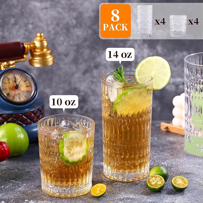 Loivttvv Glassware Drinking Glasses Set of 8, 14 oz Highball Glasses & 10 oz Ribbed Glass Cups, Vintage Glassware for Water, Juice, Cocktail, Whiskey (Clear)
