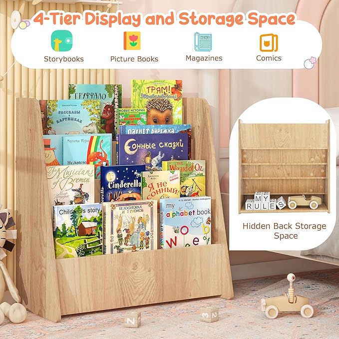 Costzon 4-Tier Kids Bookshelf, Front Facing Children Bookcase with Deep Compartments, Magazine Storage Rack for Kids Bedroom, Playroom, Nursery, Classroom, Kindergarten (Natural)