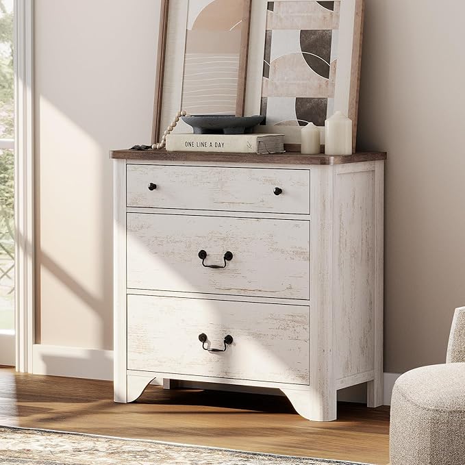 Dresser for Bedroom with 3 Drawers, Rustic White Kids Dressers Wood Chest of Drawers with Curved Profile Design, Mid Century Modern Small Closet Storage Organizer for Nursery, Hallway, Living Room