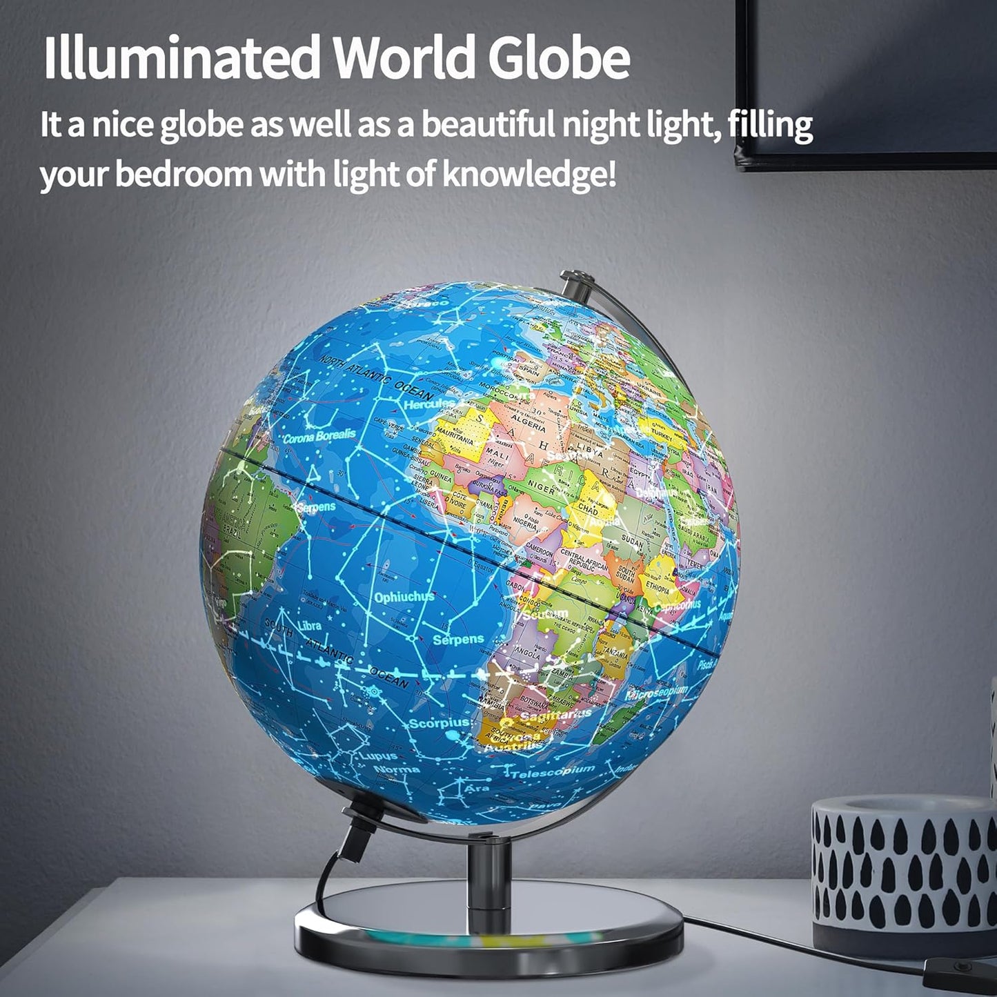 Waldauge Illuminated World Globe - 9" Earth Globe with LED Night Light & Heavy Metal Base for Kids