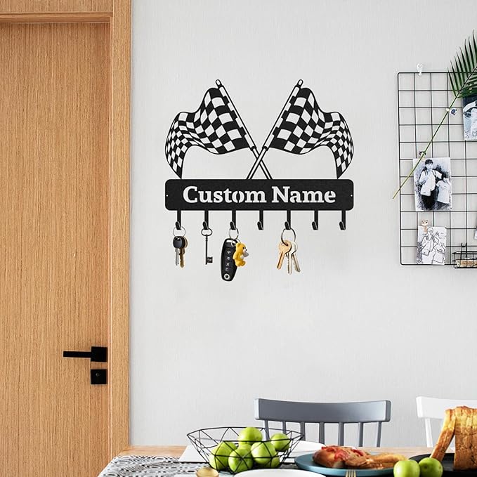 Personalized Racing Flags Key Holder, Custom Metal Checkered Flag Key Hooks with Name, Large Black Metal Wall Hooks Rack, Custom Jacket Organizer for Garage, Hallway, Entryway, Gifts for Men(8in)