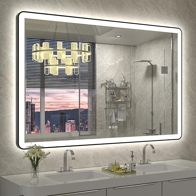 60"x40" LED Mirror for Bathroom, Black Framed LED Bathroom Vanity Mirror, Dimmable, Anti-Fog, Shatterproof, Independent Backlit+Front Lights, Rounded Corner, Memory, ETL Listed