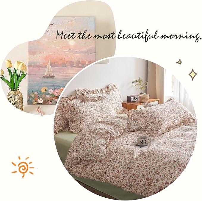 Girls Duvet Cover Pink Red Flower Duvet Cover 100% Cotton Floral Comforter Cover Vintage Boho Floral Bedding Set Queen Botanical Cottagecore Comforter Cover Queen Duvet Cover with Ruffle Pillowcases
