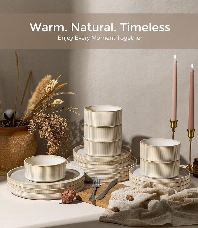 GBHOME 12-Piece Stoneware Dinnerware Set for 4 – Ribbed Ceramic Plates and Bowls, Scratch-Resistant, Microwave & Dishwasher Safe, Reactive Glaze, Oatmeal Veil