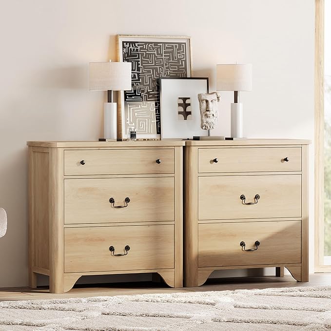 WAMPAT 3 Drawer Dresser Set of 2, 63“ Large Farmhouse Dresser for Bedroom with Wide Chest of Drawers,Oak Wooden Dressers Nightstand Cabinet for Bedroom, Living Room, Hallway, Office