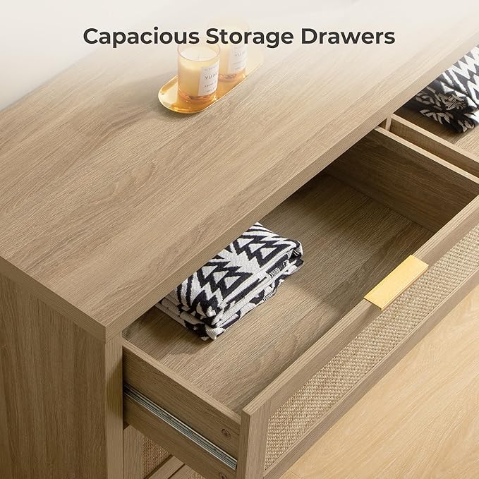SICOTAS Rattan Dressers for Bedroom Set 2, Large 6 Drawer Dresser Long Chest of Drawers, Dresser Farmhouse TV Stand for Bedroom, Living Room, Closet (Reclaimed Light Oak, 2 Pieces)