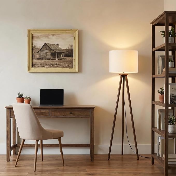 Buruis 60.6" Solid Wood Tripod Floor Lamp with 15.7" Large Linen Shade, Mid-Century Walnut Finish Standing Lamp for Living Room, Bedroom, Office, Corner, UL Listed, Bulb Not Included, Beige