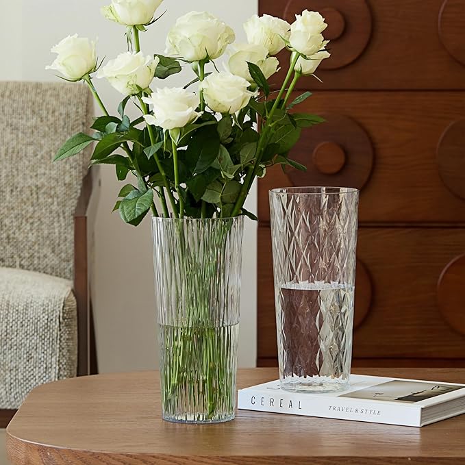 2 Clear Plastic Flower Vase, 10.2" Acrylic Rose Bouquet Vases for Home Decor Centerpieces Wedding Birthday Mothers (D4.6 2 + 2 Holder)