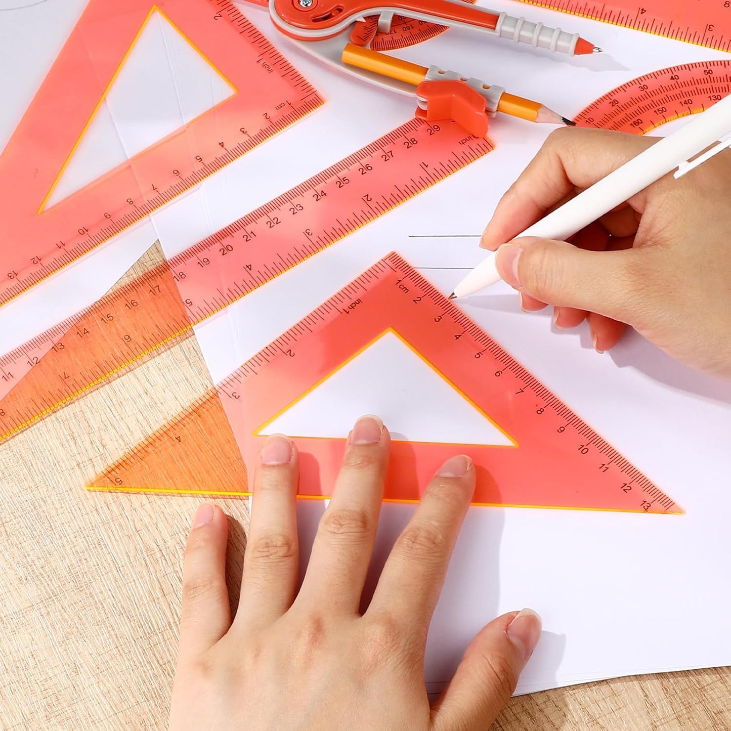Zonon Geometry Math Set - 7-Piece Plastic Kit with Protractor, Compass & Rulers | Orange