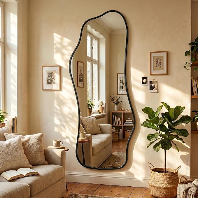 Mirror Full Length - Irregular Full Body Mirror Standing or Leaning or Wall Hanging 62.2"x 22.8" Asymmetrical Aviation Aluminum Alloy Frame Unique for Bedroom, Living Room, Cloakroom, Entryway