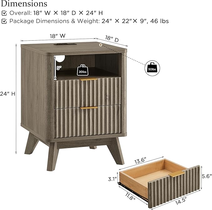 T4TREAM Fluted Nightstand Set of 2 with Charging Station, 18" Modern Side Table with 2 Drawer, End Table w/Storage, Bedside for Bedroom, Living Room, Curved Profile Design, Grey Alder