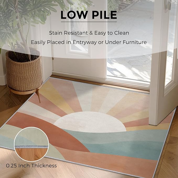 5x8 Boho Sun Rugs for Bedroom Decor, Washable Retro Sunrise Pattern Area Rug, Living Room Home Decoration, Non Slip Soft Thin, Mid Century Modern Decor Carpet PF-P 117