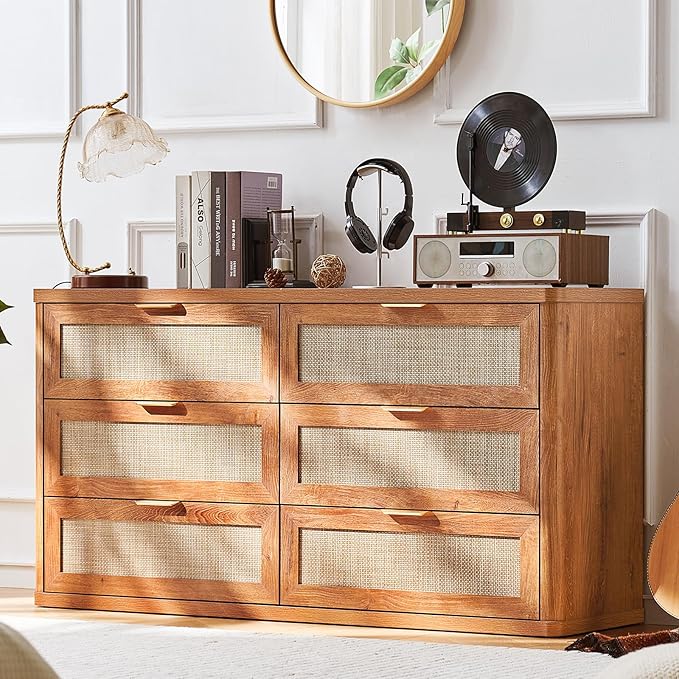 LEYAOYAO Rattan 6 Drawer Dresser for Bedroom Set of 2, 54" Wide Boho Chest of Drawers, Wooden Dressers TV Stand with Metal Handle, Storage Closet Organizer for Living Room, Hallway, Tea Brown