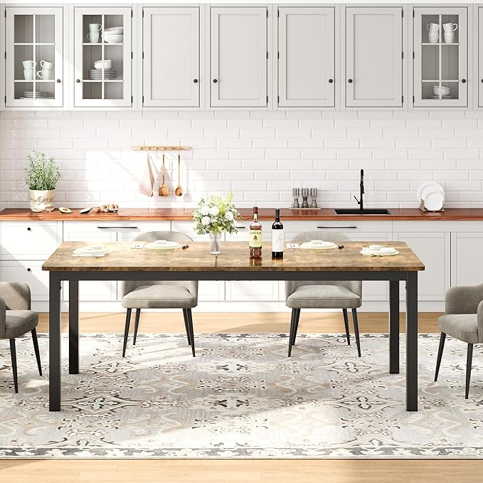 IDEALHOUSE 71 Inch Industrial Dining Table for 4-6 Person Rectangle Kitchen Table with Metal Legs,Round Corners, Writing Desk, for Modern Farmhouse, for Kitchen, Dining Room,Quick Assembly,Wood