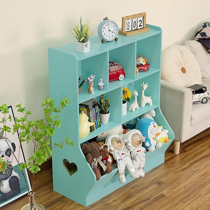 Lerliuo Kids Toy Storage Organizer, 3 Tier Children Small Bookcase and Bookshelf, Toddler 7 Cubby Toy Storage Cabinet, Toy Shelf for Playroom, Bedroom, Living Room, Nursery, School 29.53'' H (Green)