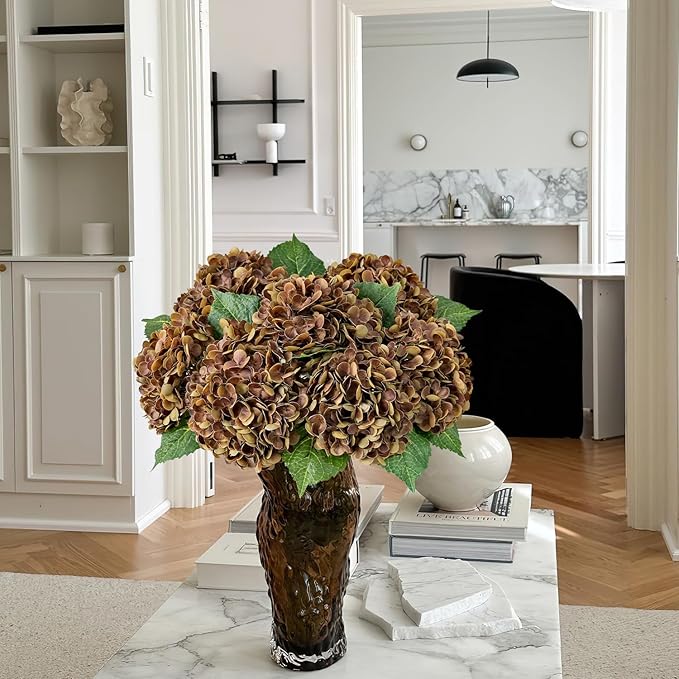 Yellowish Brown Fall Hydrangea Artificial Flowers, 3PCS 21” Latex Large Real Touch Flowers, Faux Silk Flowers Fake Hydrangeas with Stems for Bouquet Table Centerpieces Halloween
