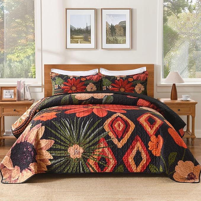 Andency Floral Boho Super King Quilt Bedding Set Black, 3 Pieces Farmhouse Flower Botanical Bedspreads with 2 Shams, Soft Reversible Lightweight Microfiber Coverlet Set for All Season, 120"x120"