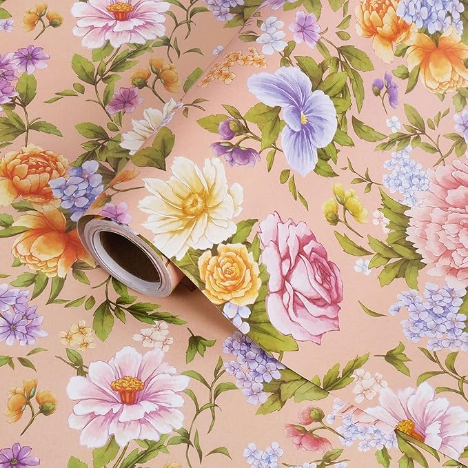 RayofSun Floral Wrapping Paper Roll Roll 17 in x 32ft Mini Roll Pink Peonies Yellow Roses Blooms Gift Wrap Paper for All Occasion Wedding Birthday Bridal Shower Party Wrapping Supplies