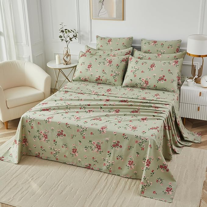FADFAY King Size Sheet Set 100% Cotton Sage Green Bed Sheets, French Country Red Rose Floral Pattern, Soft Cool Luxury Bedding, Shabby Vintage Style, 4 Pieces Deep Pocket Fitted Sheet
