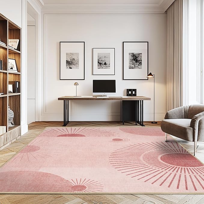 8x10 Large Area Rug for Living Room Sun Rug Mid Century Modern Rugs Machine Washable Boho Geometric Rug Non Slip Printed Low Pile Indoor Floor Carpet for Dining Room Bedroom Office,Pink
