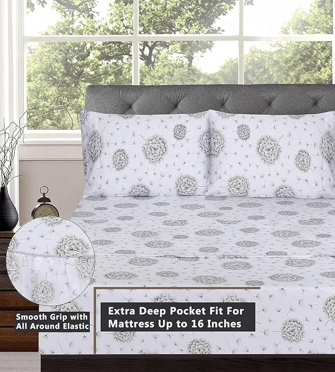 RUVANTI 100% Cotton Full Size Bed Sheets, 4 Pieces, Soft & Breathable Percale Weave Bedding, Deep Pocket 16", Hotel Standard, Crisp Cool Feel, Durable, Perfect Sheet Set Floral, Dandelion