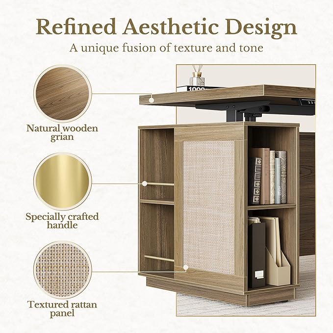 70" Standing Desk with Storage, Executive Electric Height Adjustable Stand Up Desk with AC/USB and Privacy Panel, Large One-Piece Destop, Rattan Computer Desk for Home Office, Natural Oak