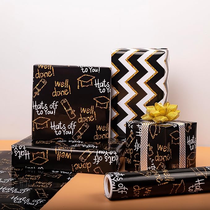 Altarho Reversible Graduation Wrapping Paper Set Rolls Black Gold Trencher Cap and Wavy Stripes Gift Wrap Sheets for Party Celebration Annusarily Back to School Total 28.5sq.ft