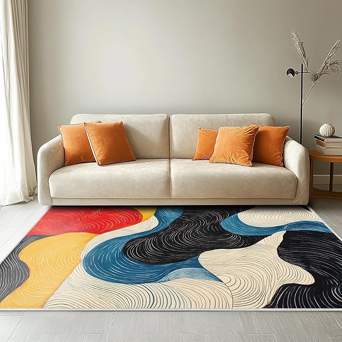 5x7 Colorful Area Rug Modern Abstract Black White Blue Beige Red Yellow Bedroom Rug Soft Low Pile Thin Large Carpet Living Room Non Slip Dining Room Stain Resistant Office Washable Machine